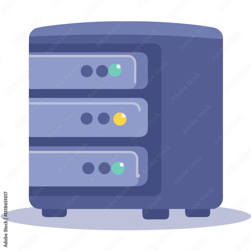 Poster illustration of a server rack with lights indicating data processing and network storage operations