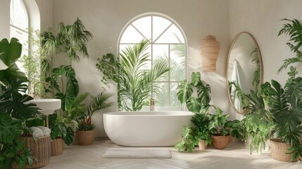 Sunlight-drenched bathroom with lush greenery and a modern tub.