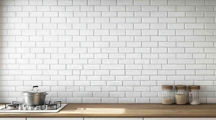 Clean white brick kitchen wall with wooden countertop.
