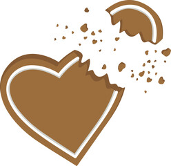 Vector illustration of a broken heart-shaped cookie with scattered crumbs. A sweet yet symbolic image of lost love, fragile emotions, or playful design for food and feelings themes.