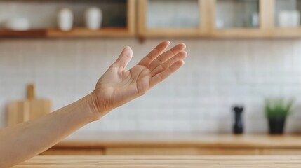 Open hand reaching out in a home kitchen.