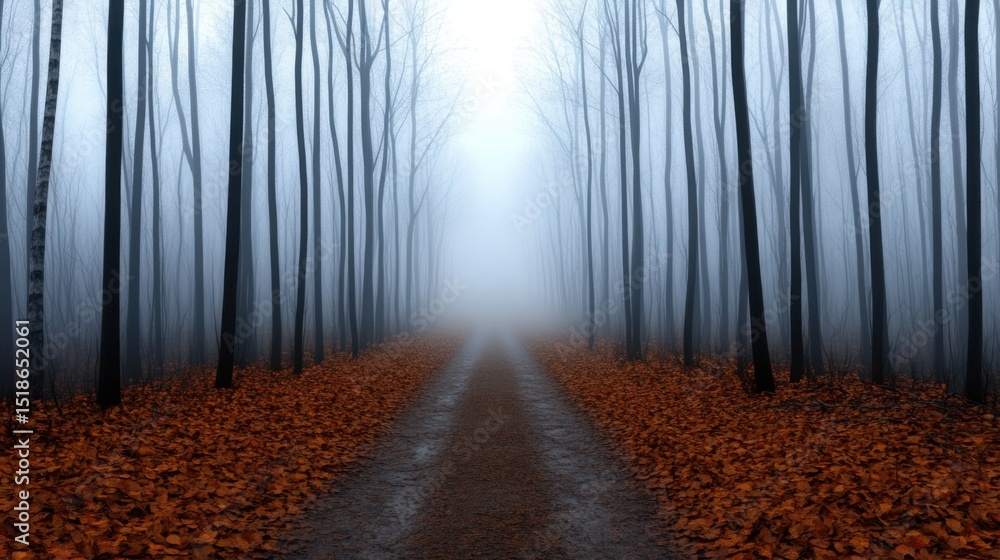 Poster a foggy forest path stretches ahead, lined with tall trees and a carpet of rustling autumn leaves. t