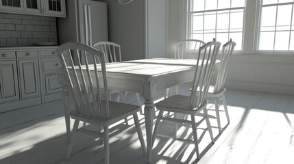 A sunlit, neutral-toned kitchen interior scene with a wooden table and chairs.