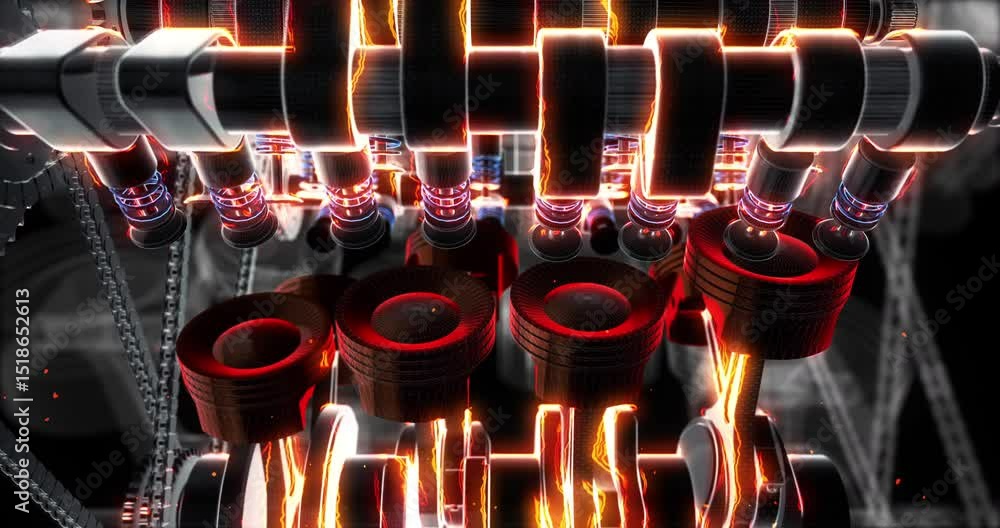 Poster Camera Zoom-In Animation Exposing V8 Pistons Inside the Moving Engine. Industry And Technology Related 3D Animation.