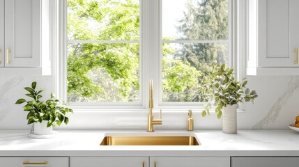 Modern kitchen with bright windows and gold accents.
