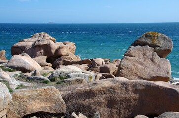 Rocks of the Pink Granite Coast in Brittany in France, Europe