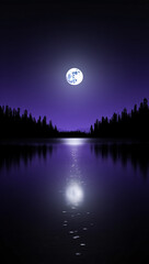 Full moon over serene lake and forest at night