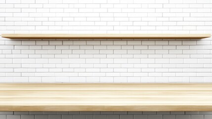Empty wooden shelves against a white brick wall.