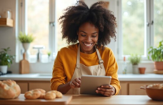 Young African American woman enjoys online cooking class in kitchen, using tablet computer. Cheerful female baker learns culinary skills at home, preparing receipe. Food, bread, digital technology,