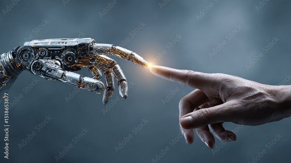 Poster human hand and robotic hand touching advanced technology futuristic artificial intelligence digital 