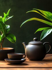 Earthy Tea Set on Table with Potted Plants