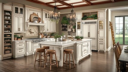 Elegant, cream-colored kitchen with wooden accents and an island.