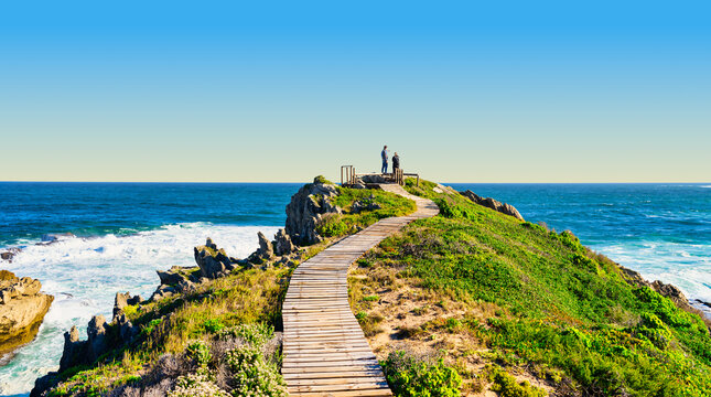 Wooden pathway ascending to a viewpoint on Robberg Peninsula, Plettenberg Bay, South Africa