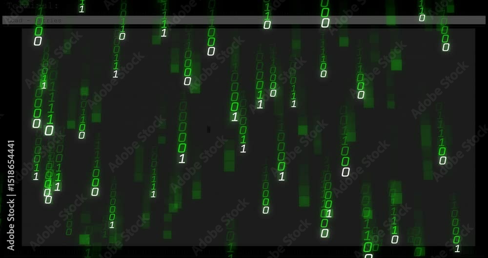 Poster green binary digits drifting from top initiating terminal bar appearance, streams visualizing data