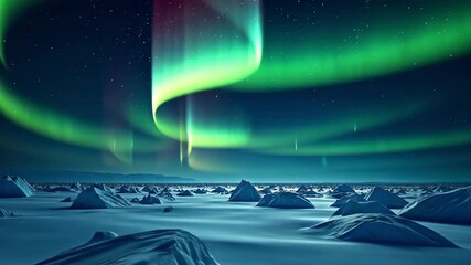 Green and purple aurora borealis over a snowy, icy arctic landscape at night. Northern lights display footage. - Powered by Adobe