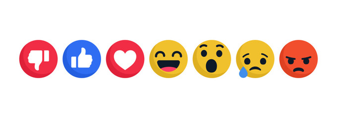 social media reaction emojis including like, dislike, love, and various facial expressions emotions from happiness to anger for feedback and engagement on social media platforms