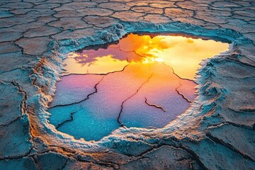 Sunset reflections paint the waterhole in the dry, cracked earth, creating a stunning contrast of colors and textures.