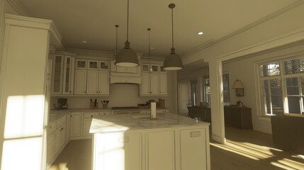 Interior view of a sunlit kitchen and dining area.