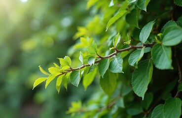 Fototapeta premium Lonicera nitida shrub with green leaves on tree branch. Fresh leaves, foliage, blooming during spring. Green background, botany, nature, gardening, public park, flowerbed, environment, evergreen,