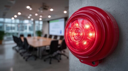 Flashing red emergency alarm in modern conference room, alerting for safety, against contemporary office interior, concept of safety management or corporate training
