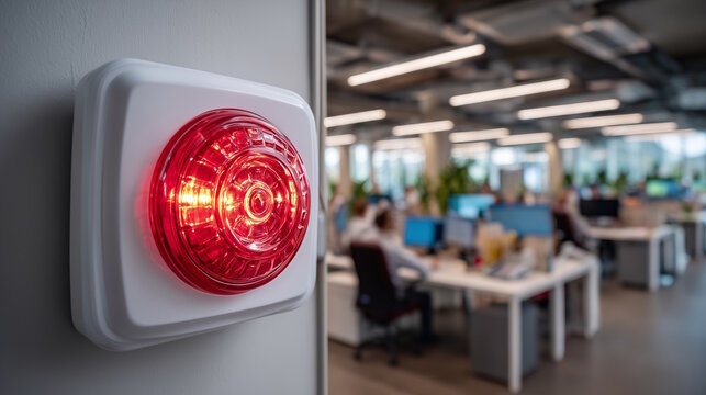 Red alarm light signaling emergency in modern office space with blurred employees working at desks, safety concept for workplaces and emergency services