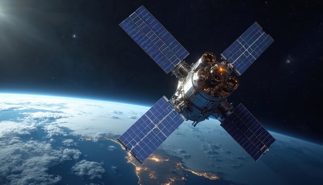 Realistic illustration satellite in orbit above planet Earth. Outer space background with stars, cosmos. Earth observation, space exploration, scientific research, communication tech.