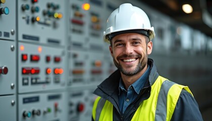 Smiling electrical engineer portrait in workplace. Happy pro in safety gear white helmet, high visibility vest. Confident skilled worker in industry, technology expert.
