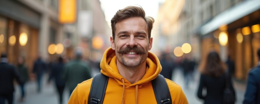 Portrait of man with Movember mustache. Male in orange hoodie stands in crowd. Concept promoting mens health awareness, mental wellbeing. Person in urban enviroment with blurry background. - Powered by Adobe