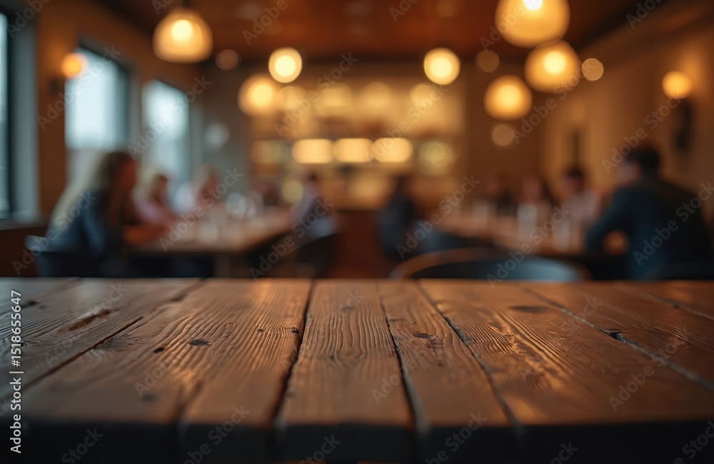 Poster empty dark wooden table in front of blurred restaurant bokeh background. space for product display m