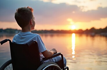 Fototapeta premium Young boy sits in wheelchair enjoying sunset near water. Reflections on lake, river surface. Handicapped, disabled child at sunset. Summer vacation theme. Teenage boy. Peaceful moment near shore.