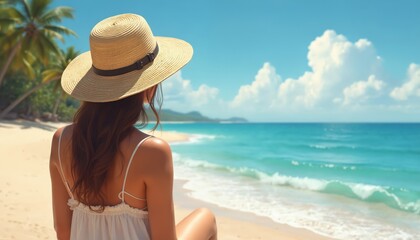 Young woman with hat enjoys ocean view on beach. Girl relaxes on coast, watching waves, blue sea, sunny day, vacation, tropical. Holiday, travel, leisure, paradise.