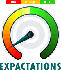 Expectations Meter Graphic Showing Spectrum from Low to High Project Management and Goal Setting Concept  vector