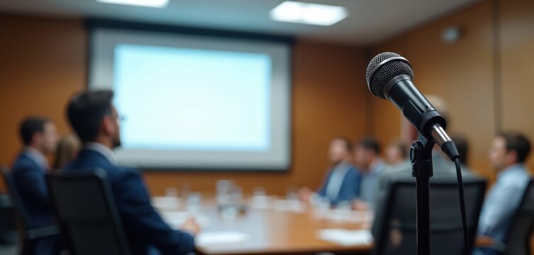 Microphone at business conference. Manager presents financial update at general meeting in boardroom. Corporate business teamwork presentation. Speaker at business seminar with audience. - Powered by Adobe