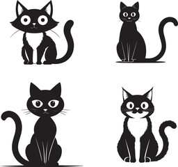 Four adorable cartoon black cats in various poses
