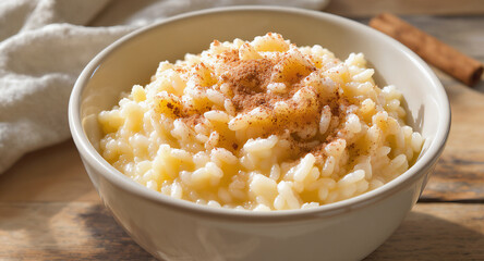Classic Brazilian Arroz Doce Rice Pudding with Cinnamon in Ceramic Bowl