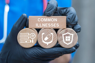 Doctor holding wooden blocks with icons sees inscription: COMMON ILLNESSES. Common Diseases Medical Concept. Common Illnesses Prevention Symptoms Treatment Information.