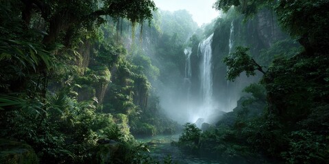 A stunning image of waterfall inside a deep jungle, morning mist.