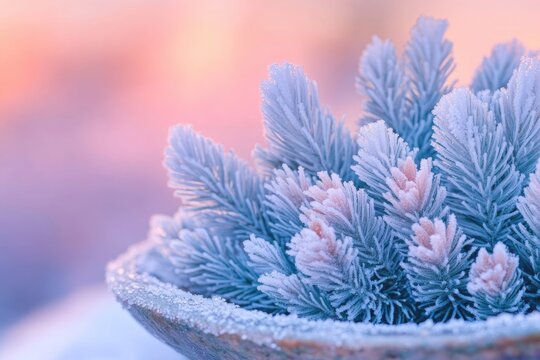 A delicate, frozen arrangement of pine branches with pink buds, beautifully captured in soft, pastel winter light.