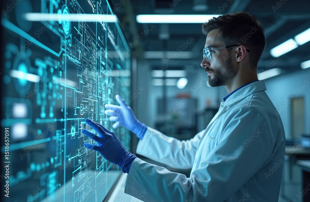 Poster engineer in lab interacts with futuristic interface. scientist uses ai system. smart glasses, gloves
