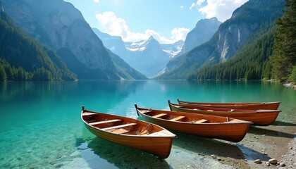 Wooden boats on Braies Lake Pragser Wildsee, nestled in the Dolomite mountains. Turquoise water reflects peaks, sky. Landscape, travel, tourism, vacation, scenic view.