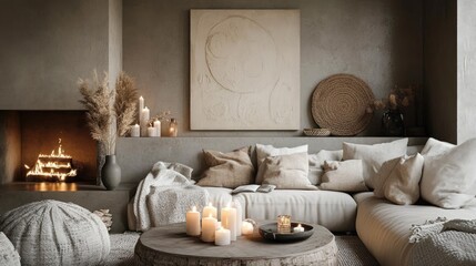 Cozy living room with warm tones and natural elements.