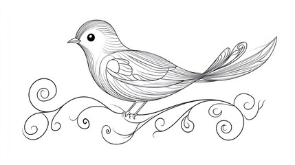 Delicate avian sketch perches serenely on ornamented branch against plain white canvas