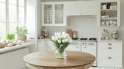 A bright, airy kitchen interior with a fresh floral arrangement.