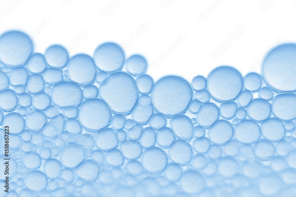 Poster close-up of translucent blue soap bubbles on a white background, showcasing various sizes and shapes