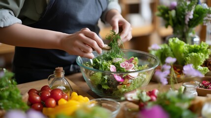 Preparing a fresh salad with colorful ingredients in a rustic kitchen setting during daylight hours