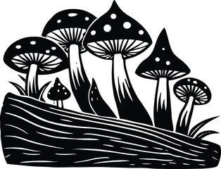 Mushrooms On Fallen Log Silhouette | Fungi On Woodland Log Art