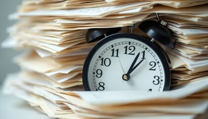 Clock face obscured by official forms. Time is buried under bureaucracy. Concept of time management delay in business process. Symbol of deadlines, paperwork, administrative burden, slow working.