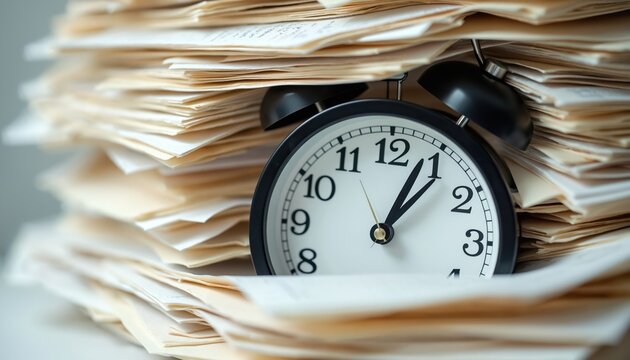 Clock face obscured by official forms. Time is buried under bureaucracy. Concept of time management delay in business process. Symbol of deadlines, paperwork, administrative burden, slow working.