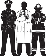 Essential workers vector art: police officer, doctor, firefighter clip art illustration image design silhouette
