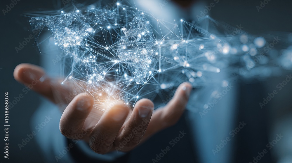 Poster global network connection digital world technology business innovation futuristic hand holding world